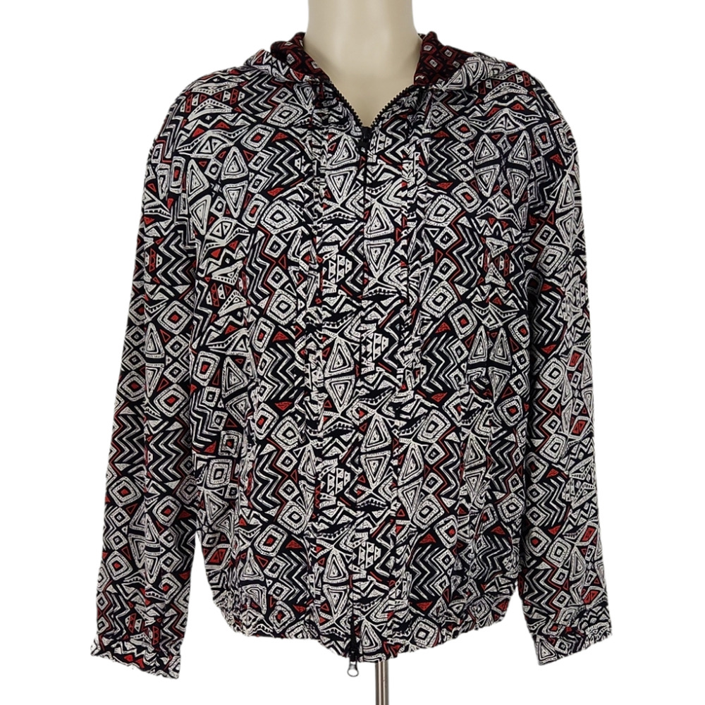 Tolani Full Zip Ella Jacket XS 100% Silk Red Black Hooded Lined Dual Zip Pockets